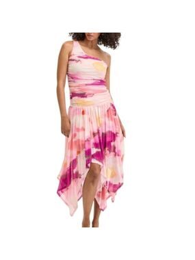 Bar III “Goddess” One Shoulder Asymmetrical Dress XL Pink Watercolor NWT